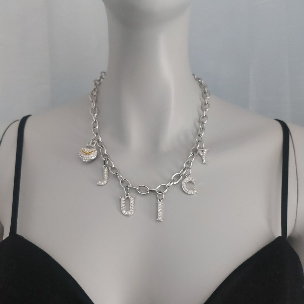 VTG JUICY COUTURE Necklace Crystals Puffed Heart Crown Y2K Statement Bling Charm